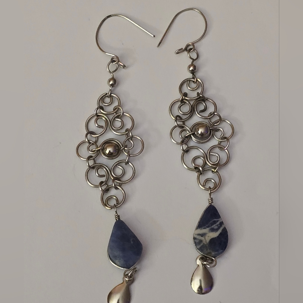 Vtg Silver Tone Earrings Dangle Blue Jasper Stone Filigree Wire